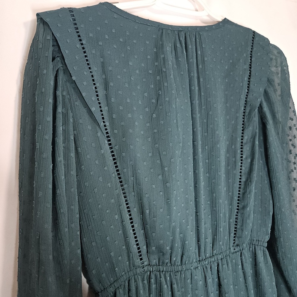 LOFT‎ Dress Womens Small Green Excellent Tie Neck Clip Dot Tiered Boho Romantic - Picture 9 of 10